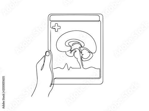 Hand holding brain scan tablet. Medical diagnostics concept. Continuous line art vector illustration
