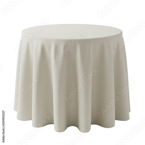 Round table covered in luxurious cream linen tablecloth with graceful folds in a minimalist studio setting with soft diffused lighting, refined elegant atmosphere