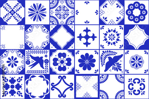 Set of traditional mexican talavera tile patterns. Blue and white ceramic art from Puebla. Mediterranean geometric ornament with flowers, leaves, swirls, bird motifs. Vector background.