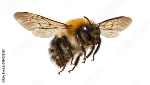Bild auf Leinwand Fuzzy bumblebee with transparent wings in flight, isolated on transparent backgr