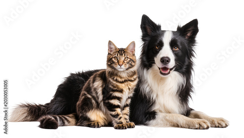 Fotografía Tabby cat and Border Collie dog resting together, isolated on transparent backgr