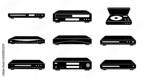 Tableau sur toile Collection of Black DVD and Blu-ray Player Icons, Media Device Vector Set