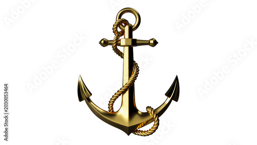 Obraz na płótnie Shiny golden anchor with thick rope, isolated on transparent background
