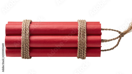 Photography Bundle of red dynamite sticks tied with rough rope, isolated on transparent back