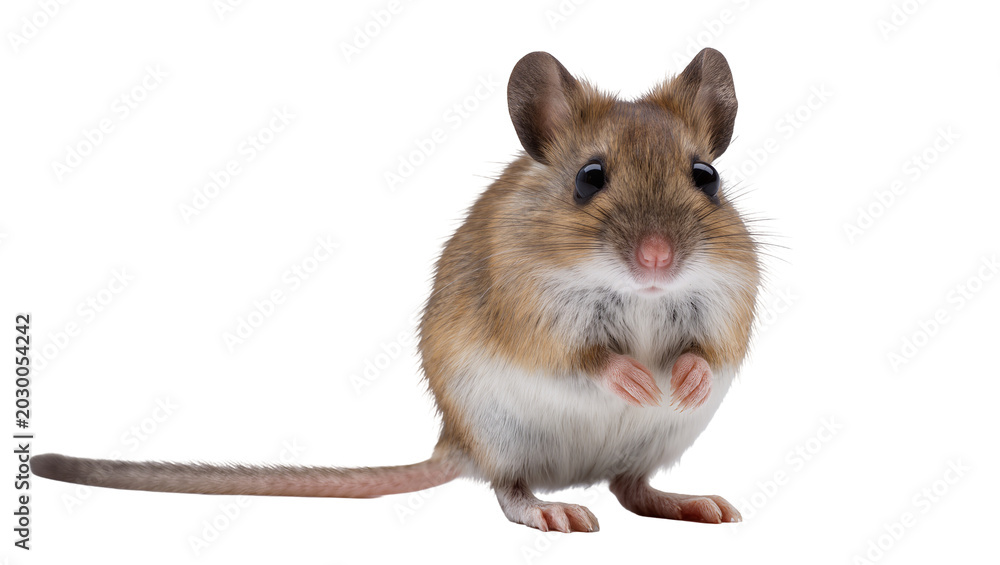 Obraz premium Small brown and white mouse with long tail, isolated on transparent background