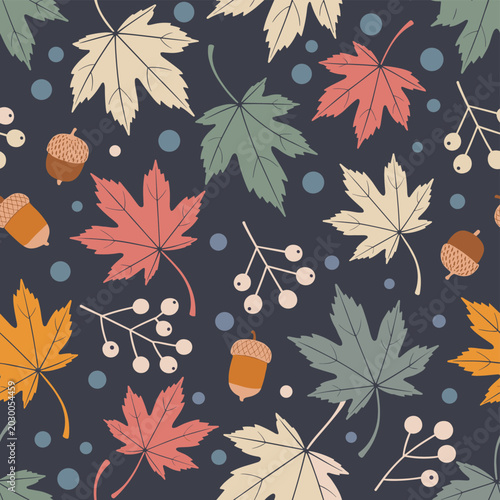 Φωτογραφία Autumn Maple Leaves Acorns and Berries Seamless Pattern on Dark Blue Background