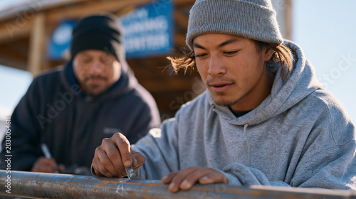 Young manufacturing apprentice in a boilermaker program practicing pipe-fitting techniques on a practice rig, journeyman supervisor marking a correction on the young worker's fitup with a soapstone 