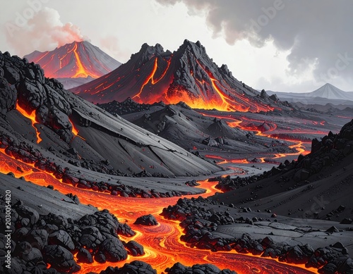 Fiery rivers of molten rock flow through a desolate volcanic landscape