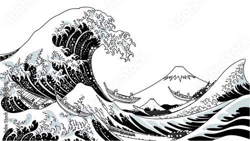 Schilderij op canvas A massive wave crashes against the shore with a mountain in the background