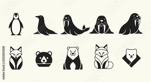Photography Arctic Animals Icons Set: Penguin, Seal, Walrus, Fox, Bear, Wolf
