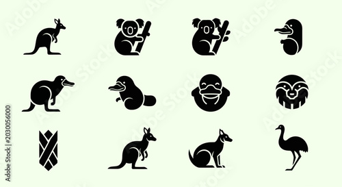 Foto Australian Animals Vector Icons: Kangaroo, Koala, Platypus, Emu, Wombat