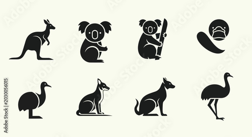 Canvas Print Australian Wildlife Icons: Kangaroo, Koala, Platypus, Emu, Dingo, Cassowary