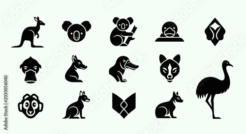 Photography Australian Wildlife Icons Set: Kangaroo, Koala, Platypus, Emu, Wombat and more