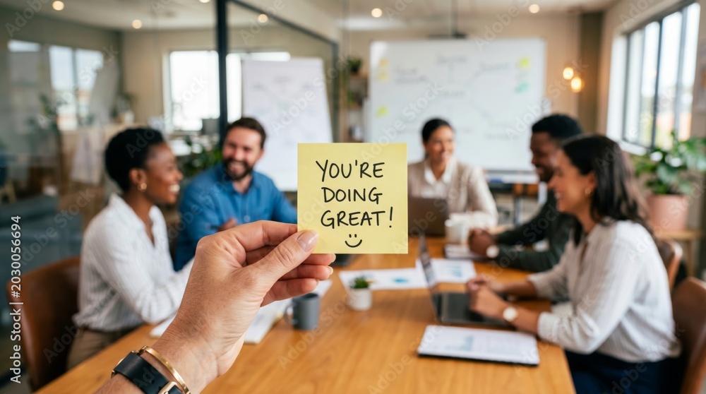 Fototapeta premium Hand holding motivational sticky note with text you are doing great in office meeting background