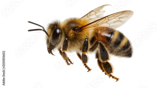 Furry honey bee with striped abdomen wings spread, isolated on transparent background
