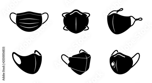 Black medical face mask icons, 6 protective surgical masks, respiratory safety vector set