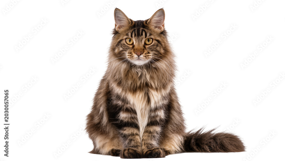Obraz premium Majestic Maine Coon cat with long brown fur, sitting attentively isolated on transparent background
