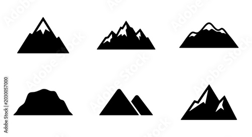 Mountain peak icons set, black silhouette mountain range, 6 vector nature symbols