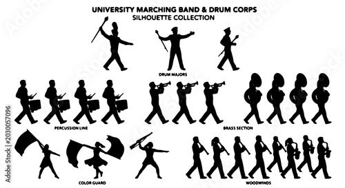 Foto University Marching Band & Drum Corps Silhouette Collection: Diverse Musicians,