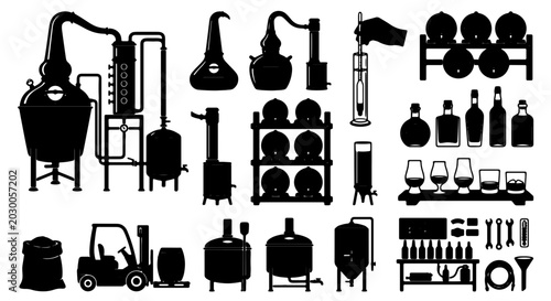 Fotografie Distillery Equipment Vector Icons: Alcohol Production, Barrels, Bottles, and Too