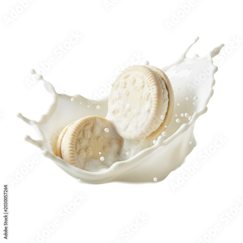 Two round white chocolate cookies collide with a splash of milk creating dynamic fluid waves and tiny droplets in a sterile minimalist studio setting, refreshing food
