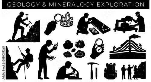 Photos Geology and Mineralogy Exploration Icons Set: Scientific Research, Rock Climbing
