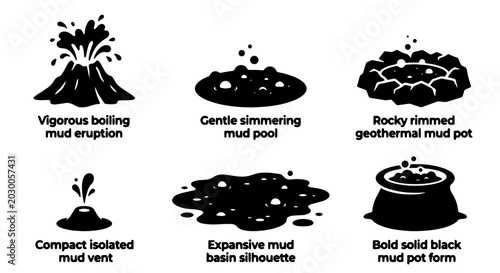 Fotografie Mud Eruption and Geothermal Mud Pot Icons: Vigorous Volcanic Vent, Simmering Poo