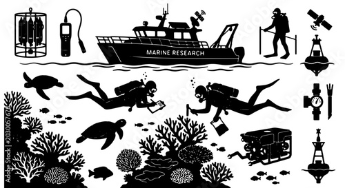 Quadro su tela Marine Research Icons Set: Divers, Boat, Coral Reefs, Sea Turtles, ROV, Buoys, E