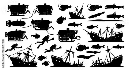 Canvastavla Underwater Exploration Set: Submarines, Divers, Shipwrecks, and Marine Life Silh