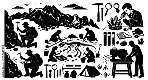 Foto Paleontology Excavation Set, Fossil Digging Icons, Scientific Discovery Vector G