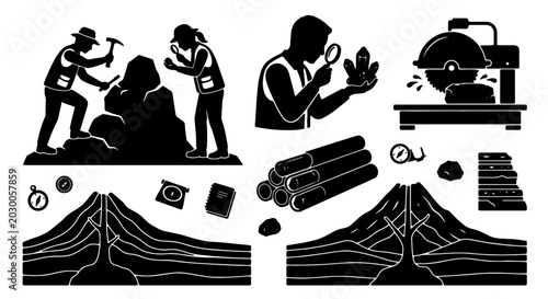 Tableau sur toile Geology Science Icons: Volcanoes, Rock Mining, Gem Cutting, and Earth Layers Vec