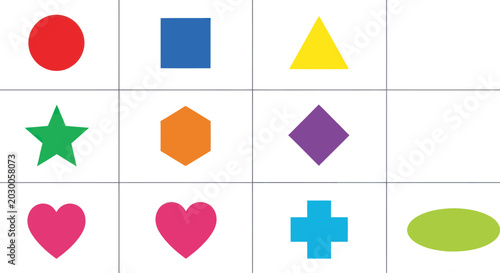 Colorful Geometric Shapes Collection: Circle, Square, Star, Heart, Hexagon, Diamond