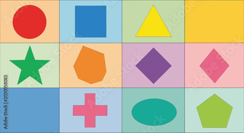 Colorful Geometric Shapes Collection: Circle, Square, Triangle, Star, Diamond, Oval, Pentagon