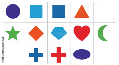 Colorful Geometric Shapes Collection: Circle, Square, Triangle, Star, Heart, Moon