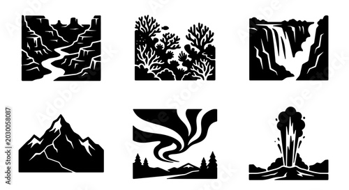 Foto Nature Landscape Icons Set, Vector Graphics: Majestic Mountains, Flowing Rivers,