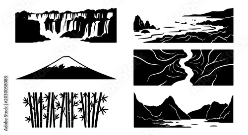 Canvastavla Minimalist Landscape Icons Set: Waterfall, Mountain, Bamboo, Coastline, River, P