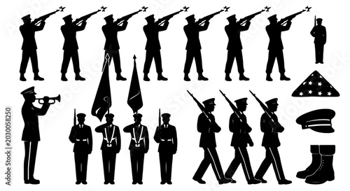 Tableau sur toile Military Parade Silhouette Icons, Ceremonial Marching Soldiers, Honor Guard Vect