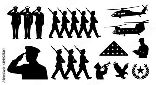 Foto Military Service Vector Icons: Soldiers Marching, Helicopters, Saluting Officers
