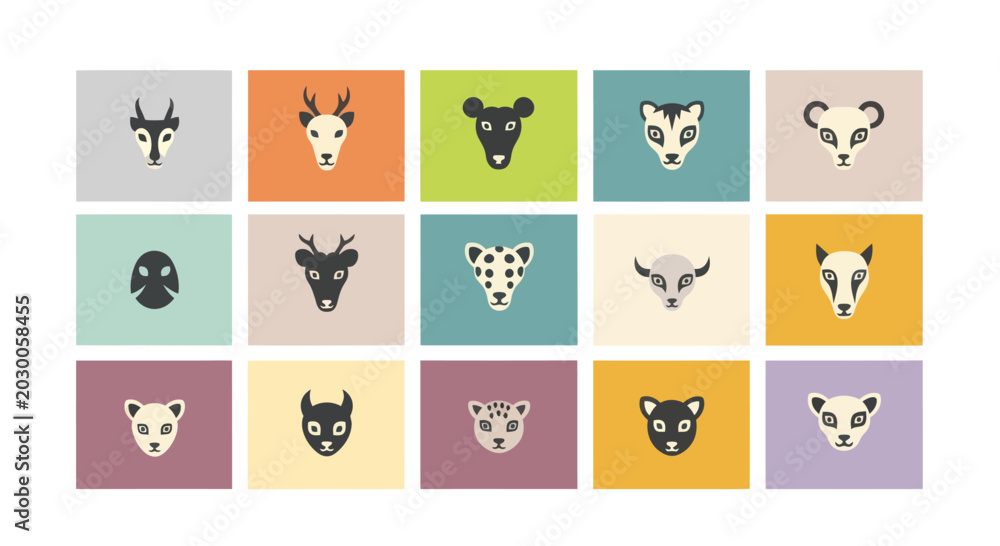 Obraz premium Cute Animal Faces Icons Set - Flat Design, Vector Illustrations