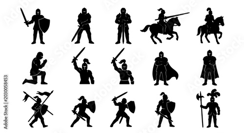 Photos Medieval Knights Silhouette Set, 15 Warrior Poses Vector Collection, Historical