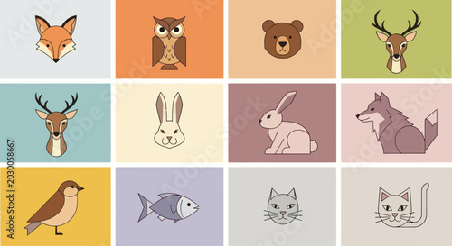 Photography Cute Animal Icons: Fox, Owl, Bear, Deer, Rabbit, Wolf, Bird, Fish, Cat Collectio