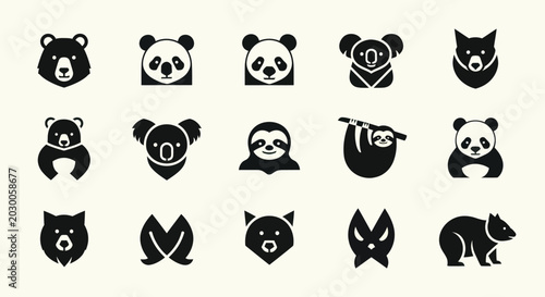 Photography Cute Animal Icons: Panda, Koala, Bear, Sloth, Fox - Vector Set