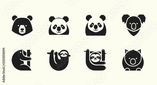 Canvas Print Cute Animal Icons: Panda, Koala, Sloth, Bear, Wombat - Vector Graphics