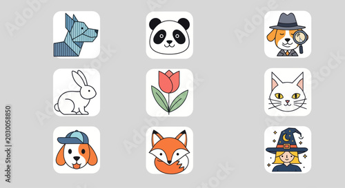 Photography Cute Animal Icons Set: Dog, Panda, Fox, Cat, Rabbit, Detective Dog, Witch