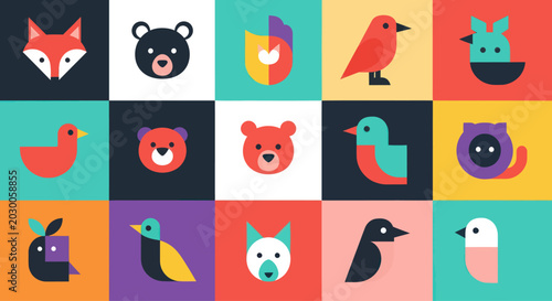 Canvas Print Cute Animal Icons Set: Fox, Bear, Bird, Duck, Cat, Dog, Abstract Shapes