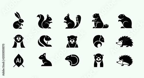 Photography Cute Animal Icons Set: Forest Creatures Collection, Vector Silhouettes