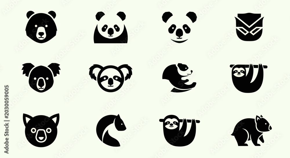 Fototapeta premium Cute Animal Icons Set: Pandas, Koalas, Sloths, Bears, and More - Vector Graphics