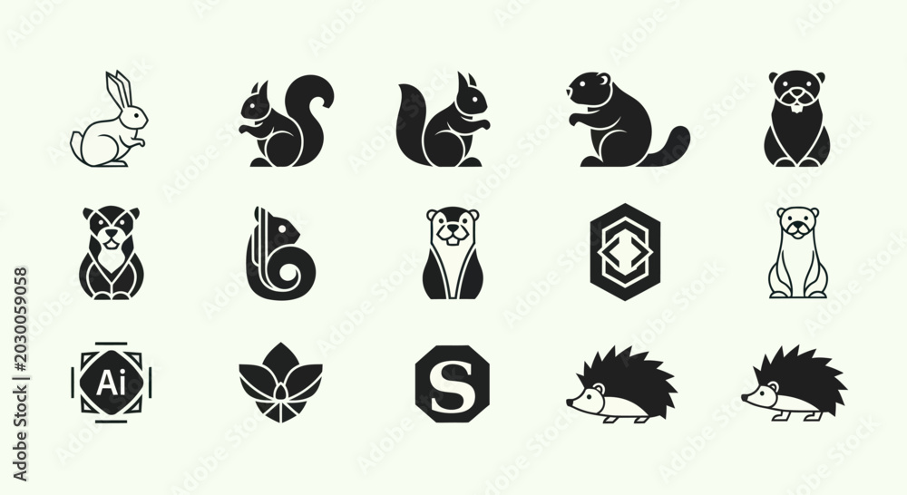 Fototapeta premium Cute Animal Icons Set: Rabbit, Squirrel, Beaver, Otter, Hedgehog, Bear