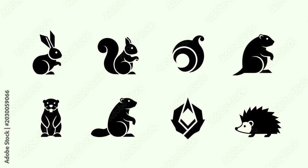 Fototapeta premium Cute Animal Icons Set: Rabbit, Squirrel, Hedgehog, Groundhog, Marmot, Abstract Designs