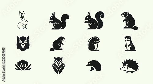 Cute Animal Icons Set: Rabbit, Squirrel, Beaver, Hedgehog, Wolf